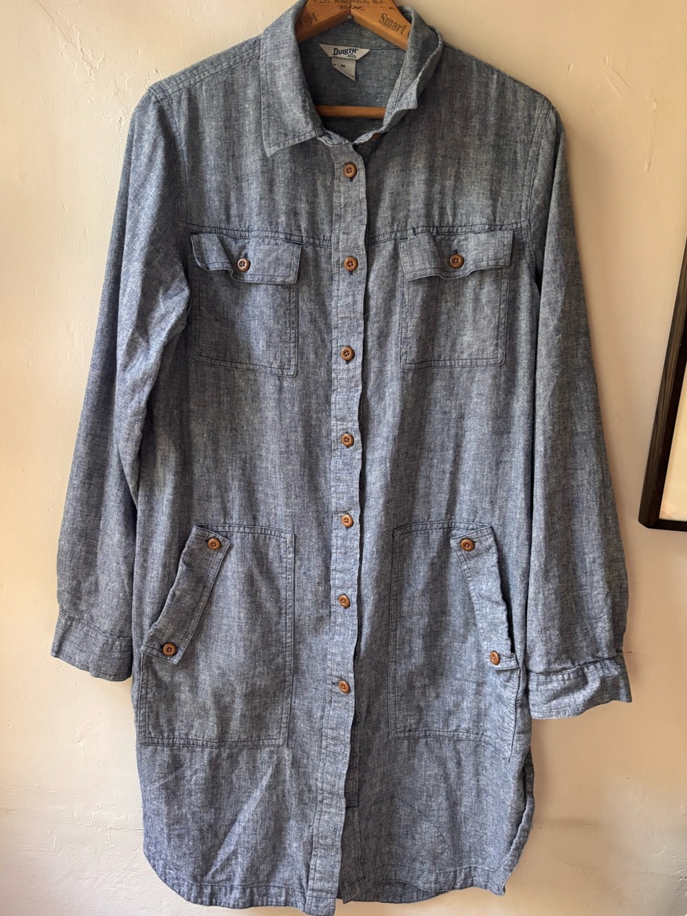 Duluth Trading Co Denim-Style Blue Hemp Chambray Midi Shirt Dress Medium